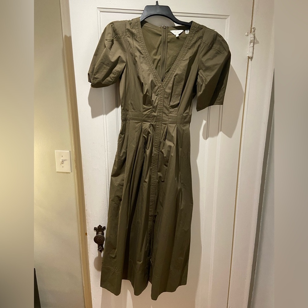 Ted Baker Olive Green V-Neck Midi Dress with Puff Sleeves